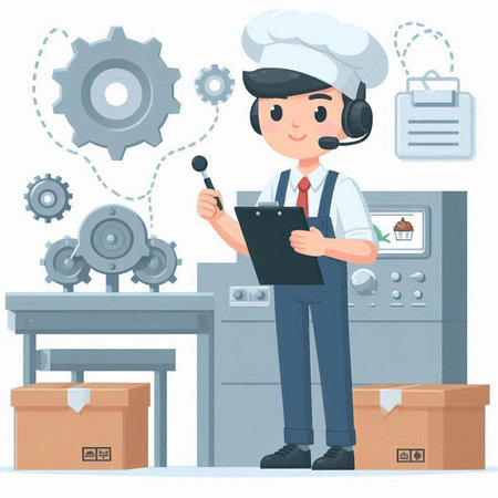 Illustration of a Cogwheel Operator with a Clipboard and a Boxのイラスト素材