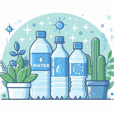 Vector illustration of a set of bottles of water and cacti.のイラスト素材
