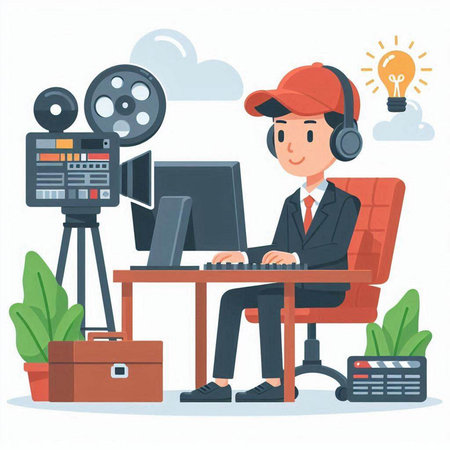 Cinema director with headphones and microphone working on computer. Vector illustration.のイラスト素材