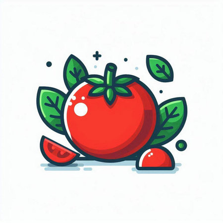 Tomato icon. Vector illustration of red tomato with green leaves.のイラスト素材