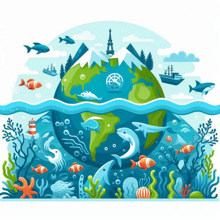 Illustration of the world underwater with fish and marine life, vector illustrationのイラスト素材