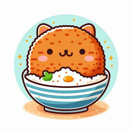 Cute kawaii fried cat with rice in bowl. Vector illustrationのイラスト素材