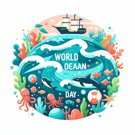World Ocean Day. Vector illustration in cartoon style on white background.のイラスト素材