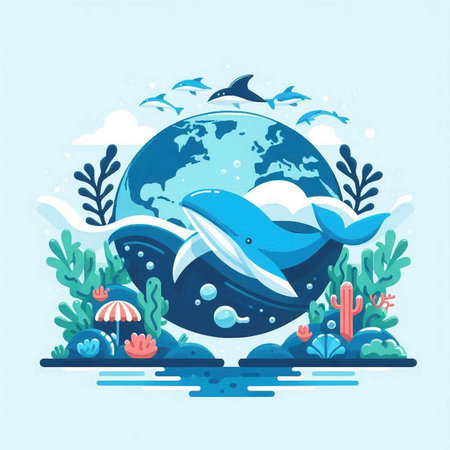 Sea landscape with whale and planet. Vector illustration in flat style.のイラスト素材
