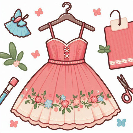 Cute pink dress with floral pattern and accessories. Vector illustration.のイラスト素材