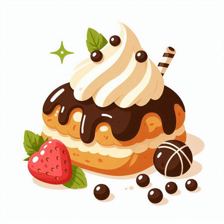 Cupcake with whipped cream, chocolate and strawberries. Vector illustration.のイラスト素材