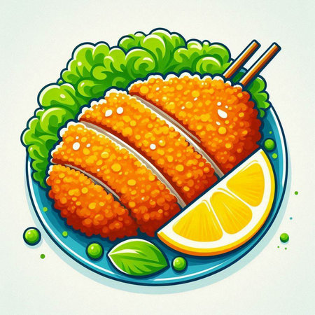 Illustration of fried fish on a plate with chopsticks and lemonのイラスト素材