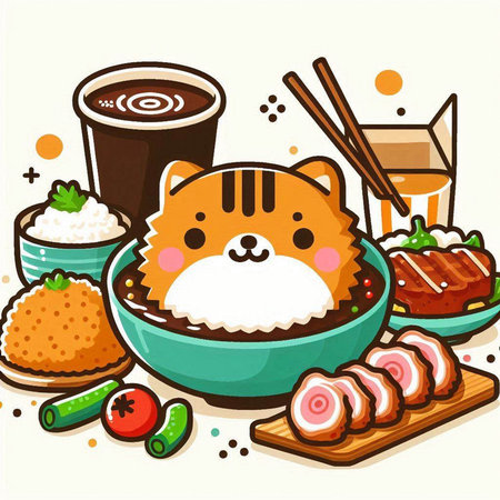 Illustration of a Cute Cat in a Bowl with Chinese Foodのイラスト素材