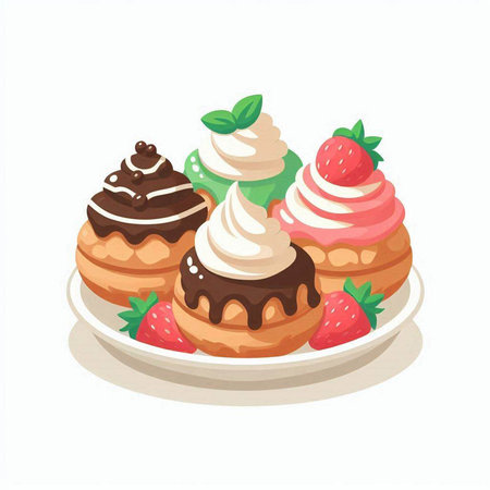 Cupcakes with whipped cream and strawberry on plate. Vector illustrationのイラスト素材