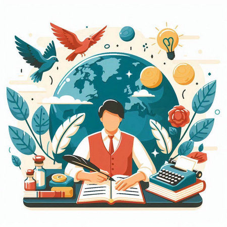 Flat design vector illustration concept of education and knowledge. Young man with open book, globe, books, books, quill pen, feathers, light bulb, flying birds, flowers.のイラスト素材