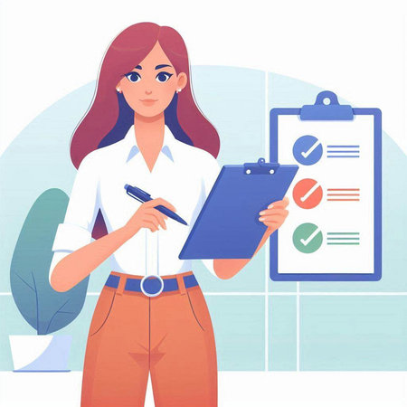 Business woman with clipboard and pen. Vector illustration in cartoon style.のイラスト素材