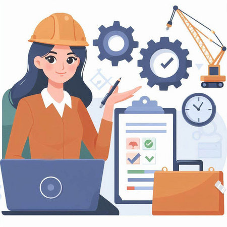 Engineer woman in hardhat working with laptop. Vector illustration.のイラスト素材