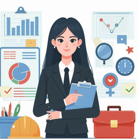 Businesswoman working in the office. Vector illustration in flat style.のイラスト素材
