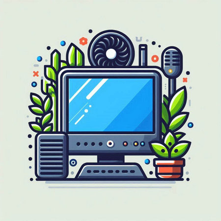 Vector illustration of a flat design of a computer with a microphone and a plant.のイラスト素材
