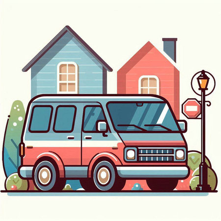 Vector illustration of a van in front of a house. Flat style.のイラスト素材