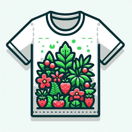 T-shirt design. Vector illustration of a T-shirt with a pattern of strawberries.のイラスト素材