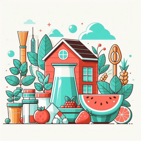 Vector illustration of fresh milk in a glass and a jar with fruits and berries.のイラスト素材