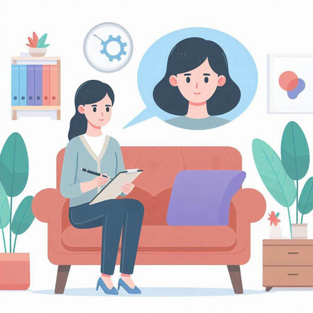 Young woman writing in a notebook while sitting on a sofa. Vector illustration.のイラスト素材