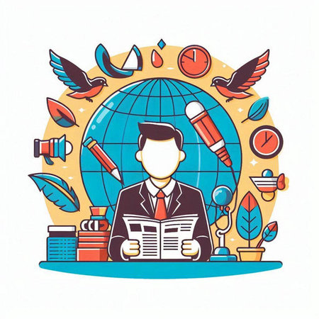 Businessman reading newspaper and flying around the world. Vector illustration.のイラスト素材