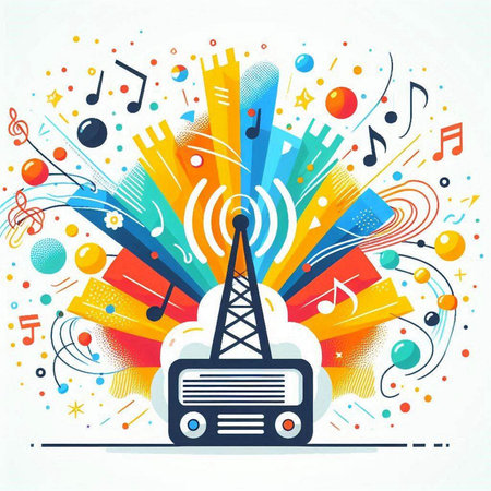 Vector illustration of colorful music background with radio tower and notes. Eps10のイラスト素材