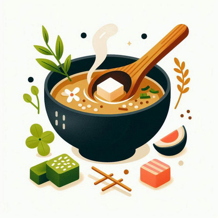 Japanese miso soup in a bowl with chopsticks and wooden spoon, vector illustrationのイラスト素材