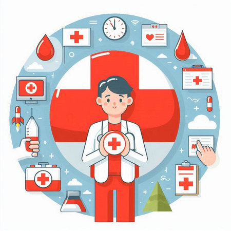 First aid concept. Doctor with a stethoscope in his hands. Vector illustrationのイラスト素材