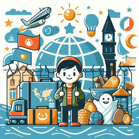 Travel around the world. Vector illustration of a boy with a suitcase.のイラスト素材