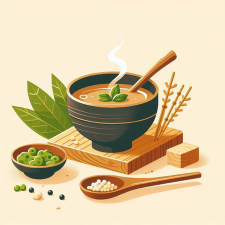 Illustration of a bowl of miso soup with chopsticks and ingredientsのイラスト素材
