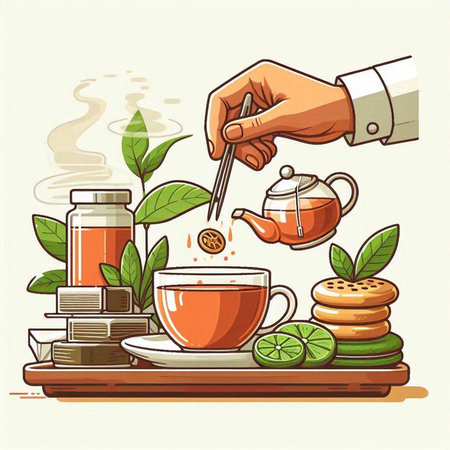 Tea time vector illustration. Hand of man pouring tea from teapot into cup.のイラスト素材