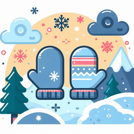 Vector illustration of winter landscape with snowflakes and mittens.のイラスト素材