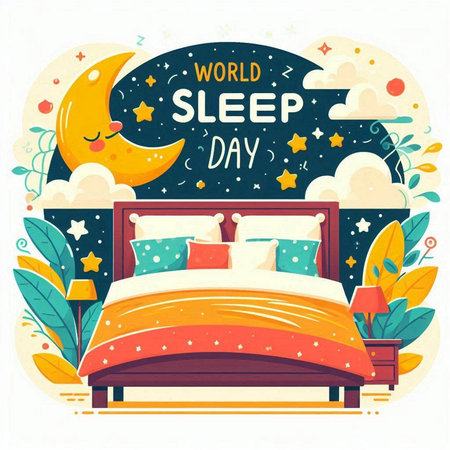 World Sleep Day poster with cute cartoon bed and pillow. Vector illustration.のイラスト素材