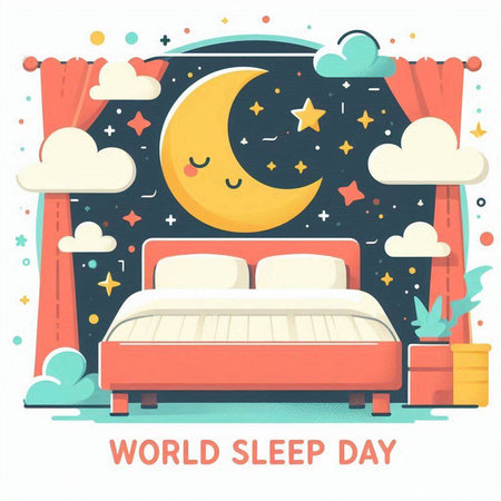 World Sleep Day banner with cute cartoon bed and moon. Vector illustrationのイラスト素材