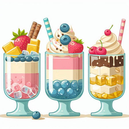 Three glasses of ice cream with fruits and berries. Vector illustration.のイラスト素材