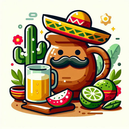 Mexican pitcher with a mustache and a glass of beer. Vector illustrationのイラスト素材