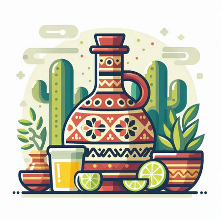 Mexican vector illustration with tequila, cacti and lime.のイラスト素材