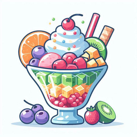 Fruit ice cream in a glass bowl. Vector illustration in cartoon style.のイラスト素材