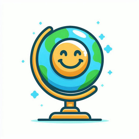Vector illustration of Earth globe with smiling face. Isolated on white background.のイラスト素材