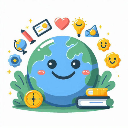 Illustration of cute planet earth with education icons. Vector illustration.のイラスト素材