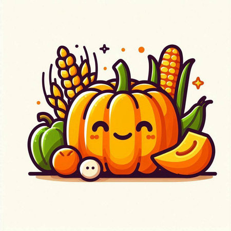 Cute cartoon pumpkin character with corn and carrot. Vector illustration.のイラスト素材