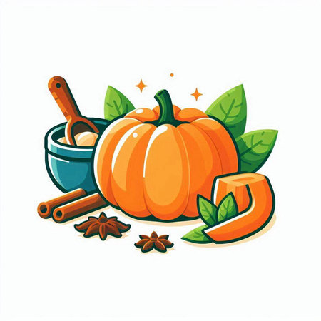 Pumpkin, spices and herbs on a white background. Vector illustrationのイラスト素材