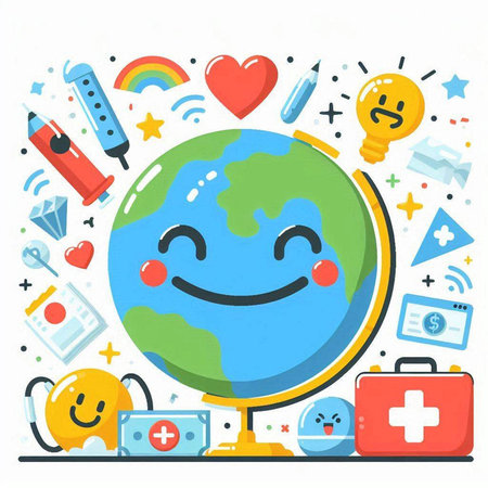 Vector illustration of cute happy globe character in flat style. World education concept.のイラスト素材