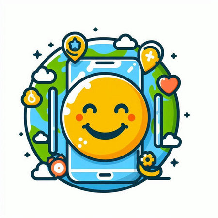 Smartphone character with smiley face and social media icons. Vector illustrationのイラスト素材