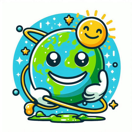 Cartoon planet earth with smiling face and sun, vector illustration.のイラスト素材