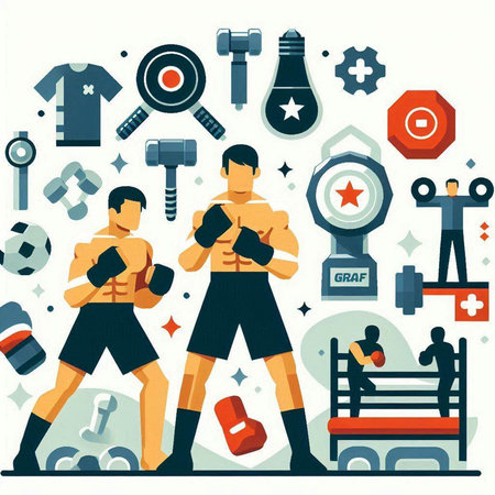 Boxing and fitness icons set. Vector illustration in flat style.のイラスト素材