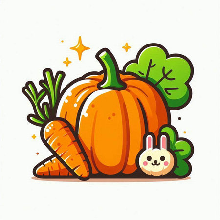 Pumpkin with carrot and rabbit. Cute cartoon vector illustration.のイラスト素材