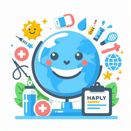 Vector illustration of a happy globe and medical icons. Flat design.のイラスト素材