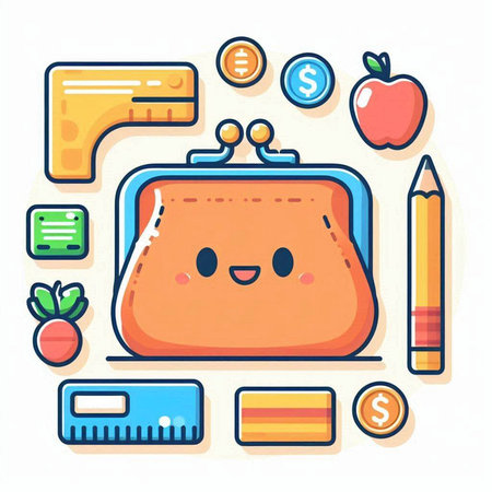 Cute happy purse with school supplies. Vector illustration in cartoon style.のイラスト素材