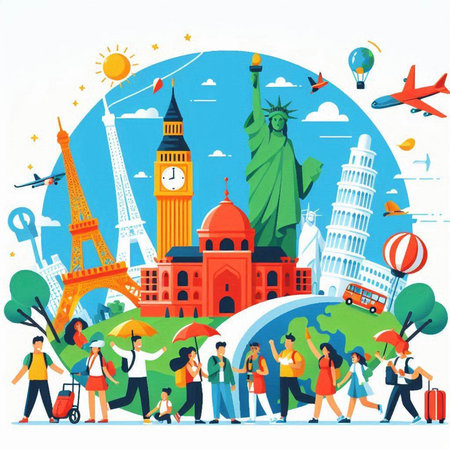 Traveling around the world concept. Tourists in Paris. Vector illustration.のイラスト素材