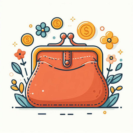 Vector illustration of purse with flowers and coins. Colorful flat design.のイラスト素材