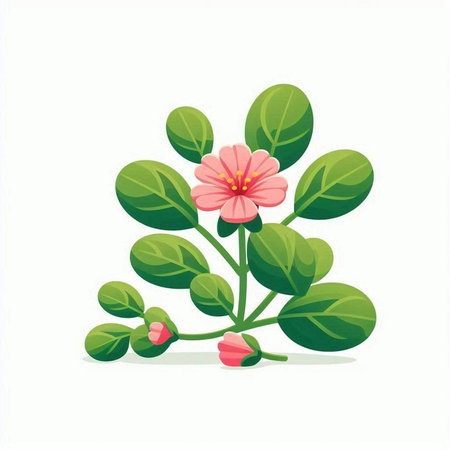 Flowering plant with green leaves and pink flowers. Vector illustration.のイラスト素材